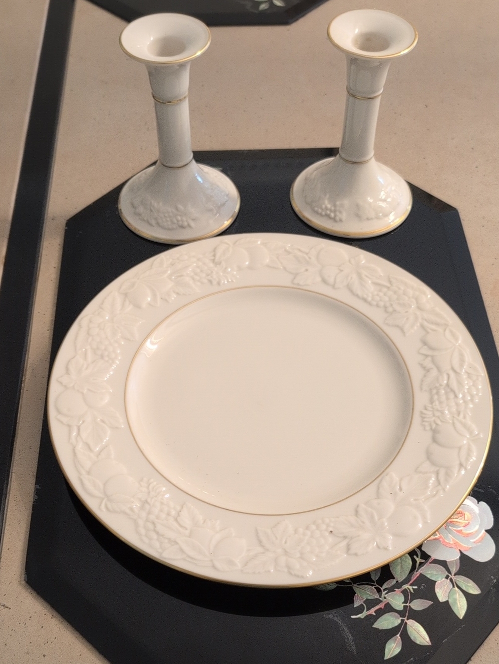 Lenox Vintage Porcelain Plate And Candle Sticks. Ivory with Gold Trim